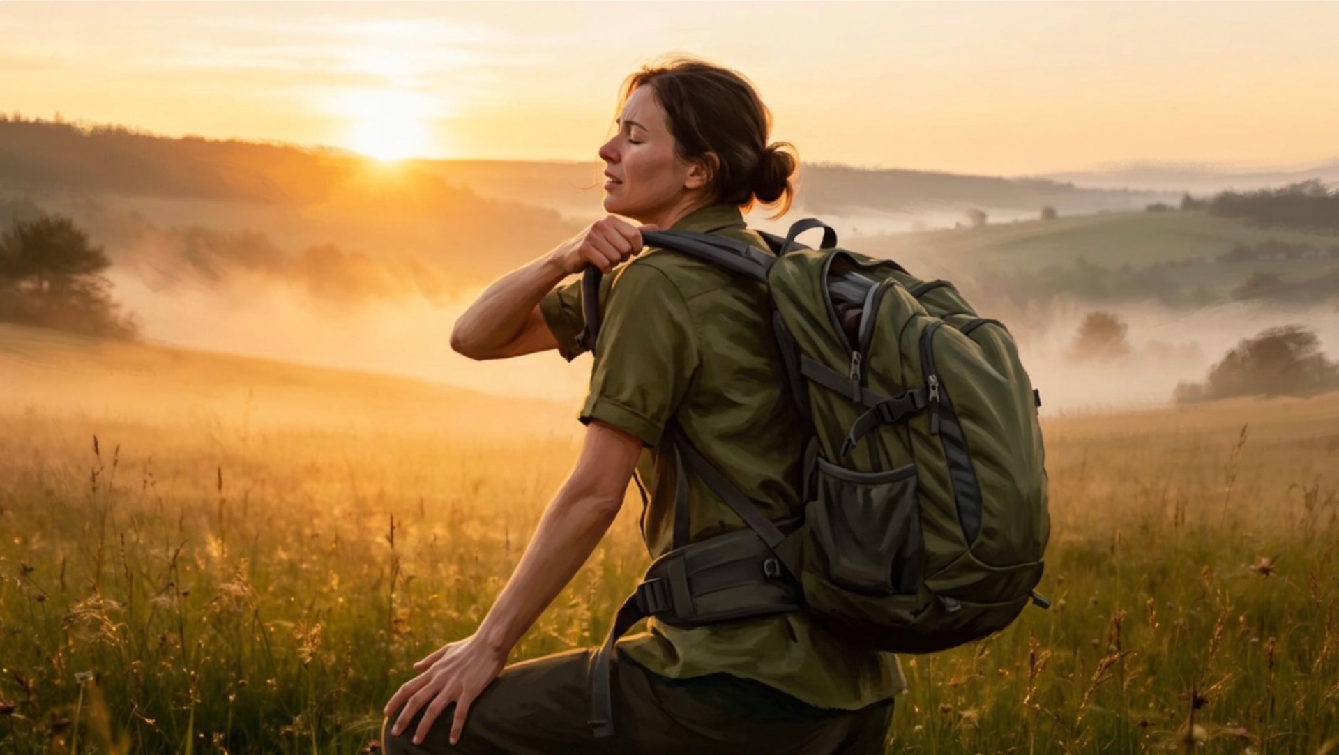 Frau mit Rucksack bei Sonnenaufgang — Aufbruch in die Unabhängigkeit